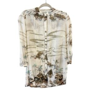 Citron Santa Monica Silk Cotton Tunic Top Blouse Asian Landscape Print Size S
